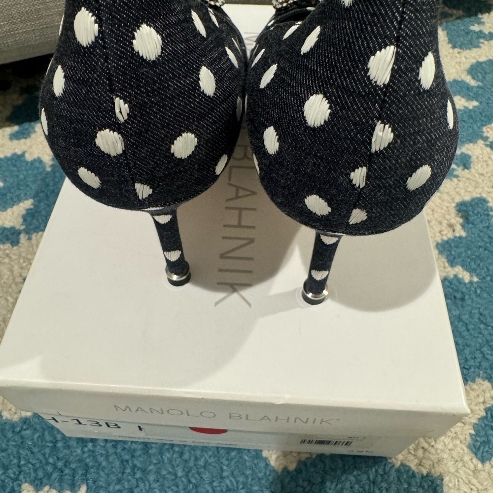 Manolo Blahnik Black and White Polka Dot Heels 70mm Jacquard Jeans Blk - Picture 10 of 10